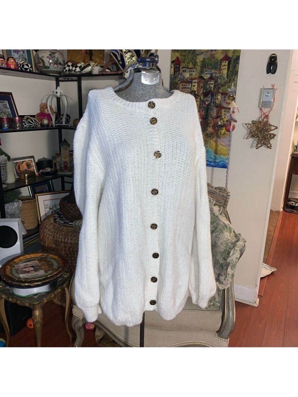 Women's home made White Cardigan with Gold floral Buttons Large